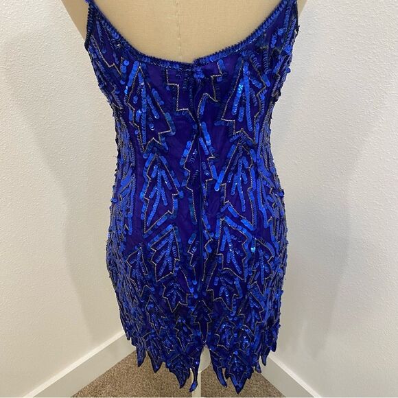 Vintage 80s Blue Silk Sequin Dress Beaded Geo Mini Party Cocktail Sz Medium - Picture 9 of 10